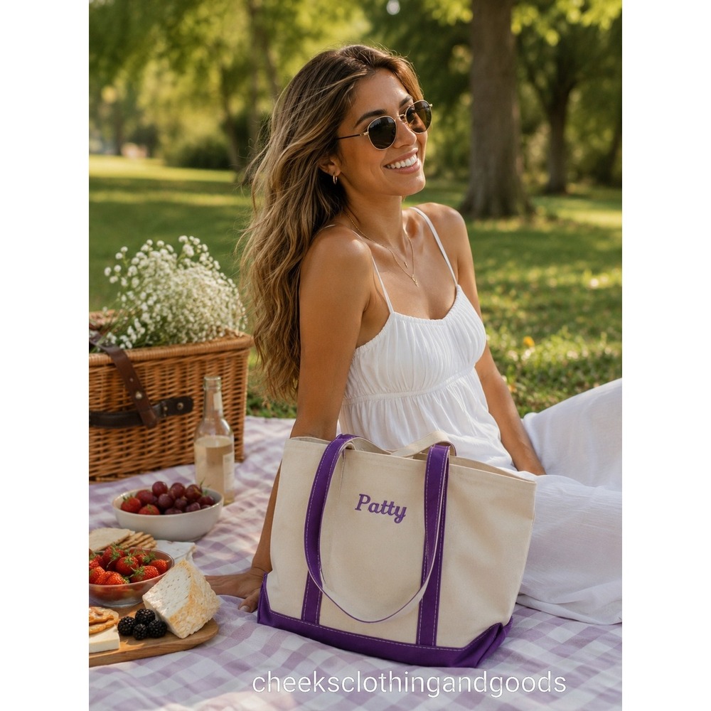 LL Bean Boat‎ and Tote SMALL Canvas Bag Purple Cream Patty Embroidery USA Made